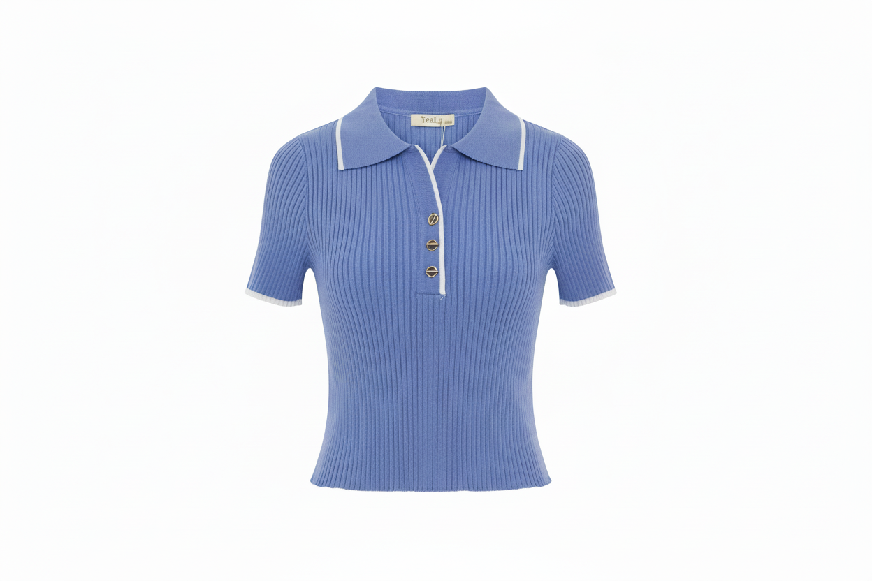 Blusa Polo Tejida Corta con Detalles Dorados