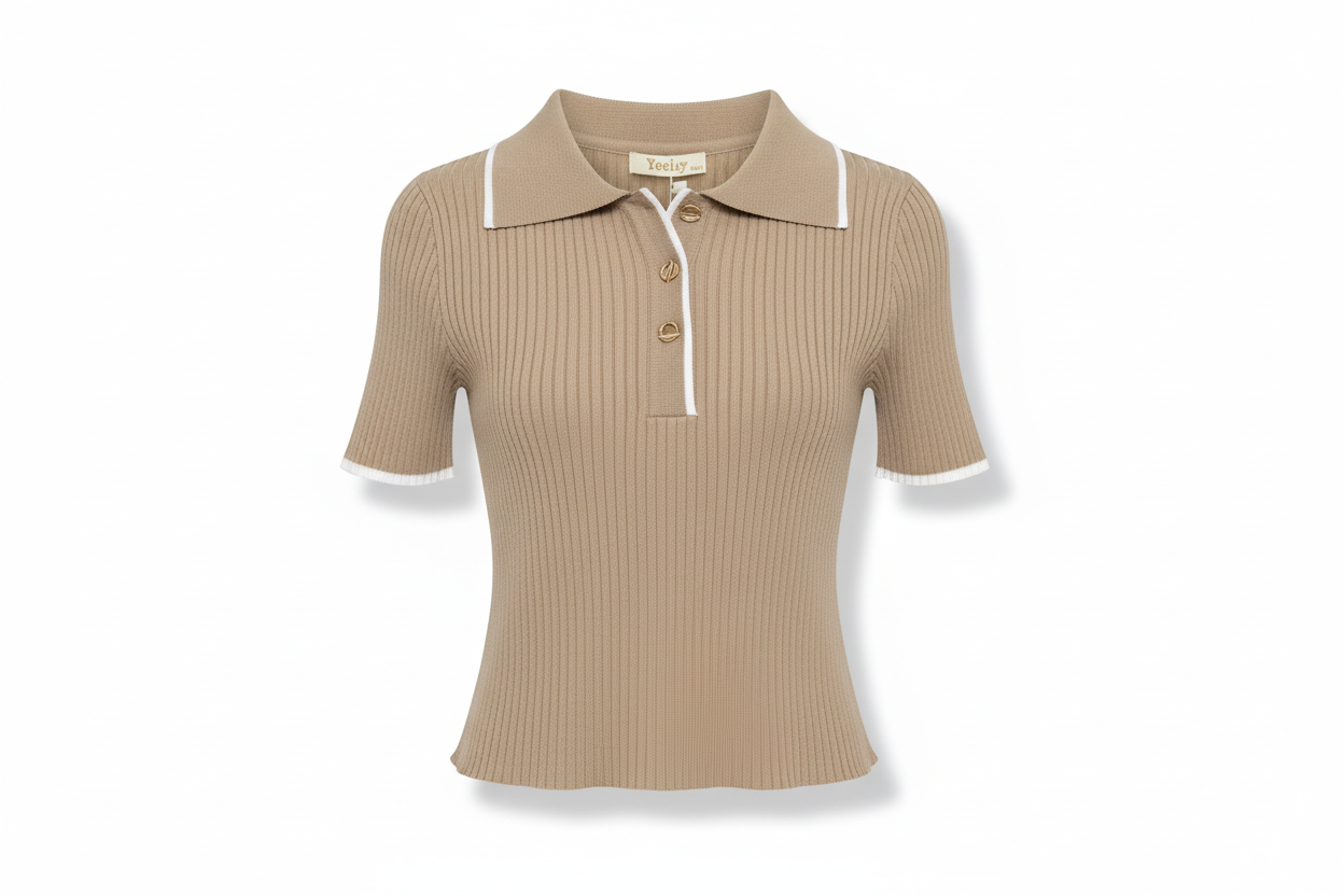Blusa Polo Tejida Corta con Detalles Dorados