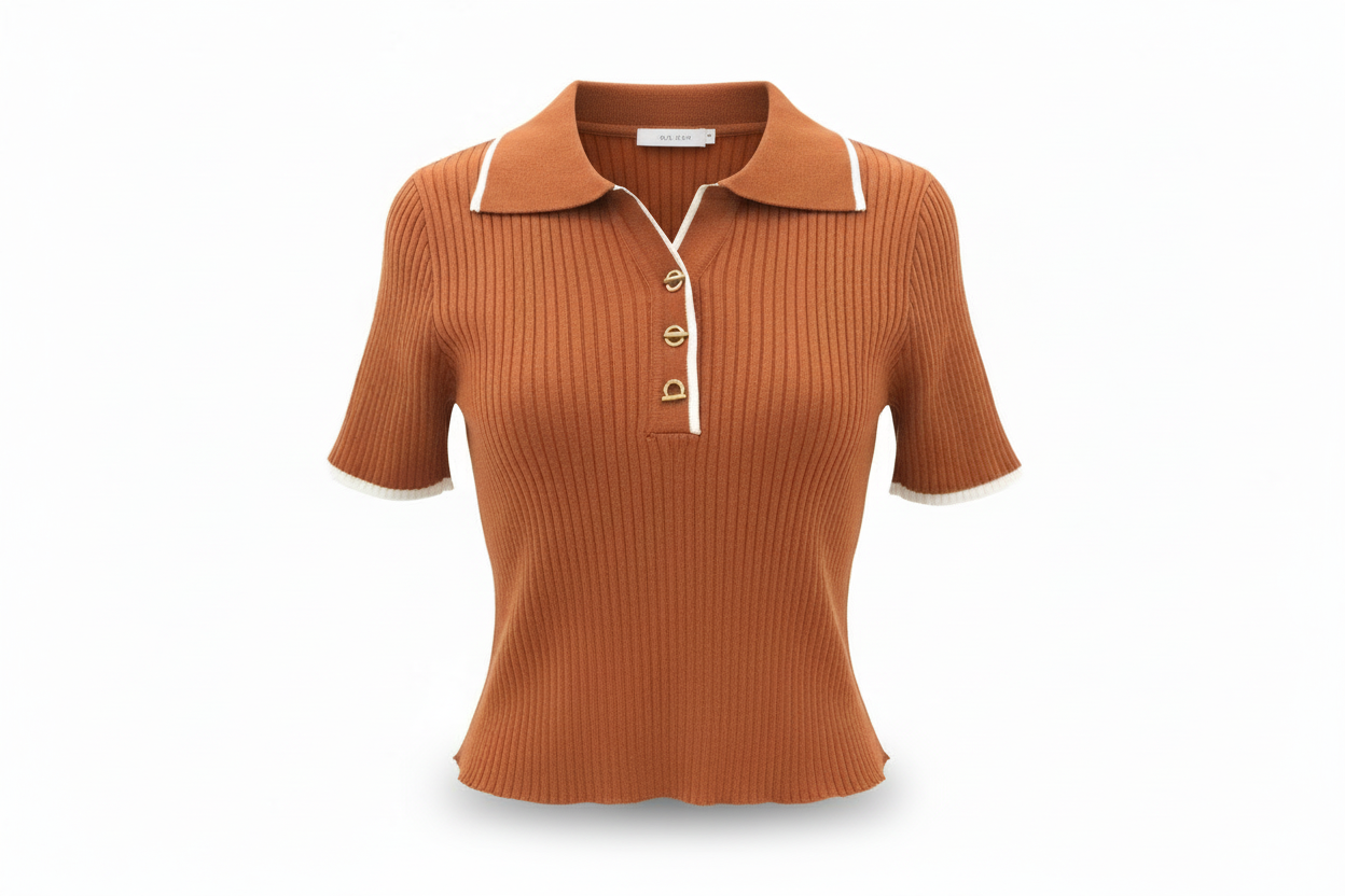 Blusa Polo Tejida Corta con Detalles Dorados