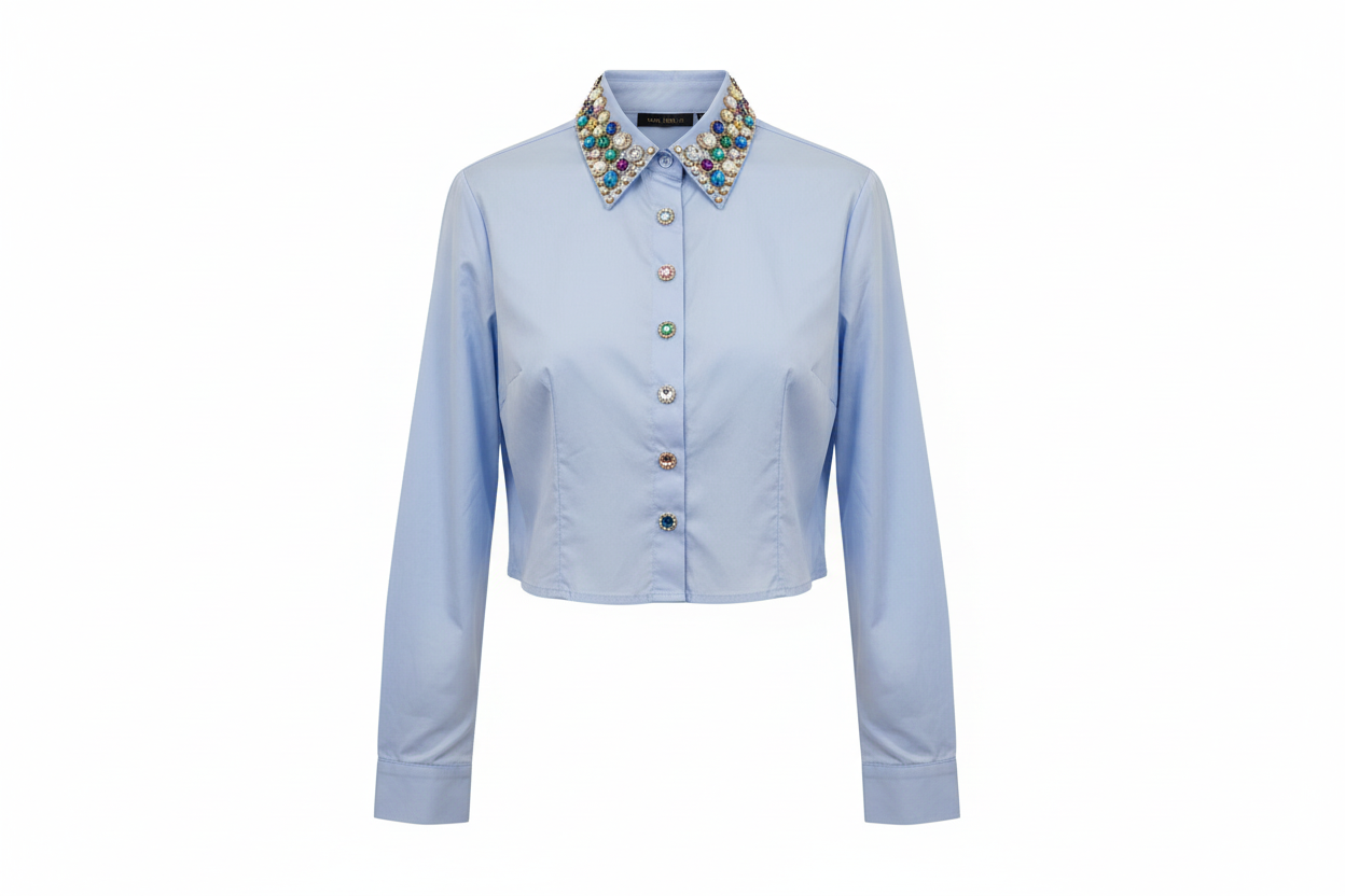 Camisa Crop con Cuello de Pedrería Multicolor