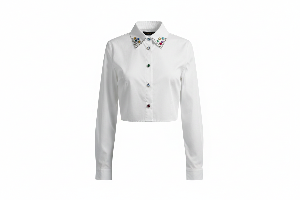Camisa Crop con Cuello de Pedrería Multicolor