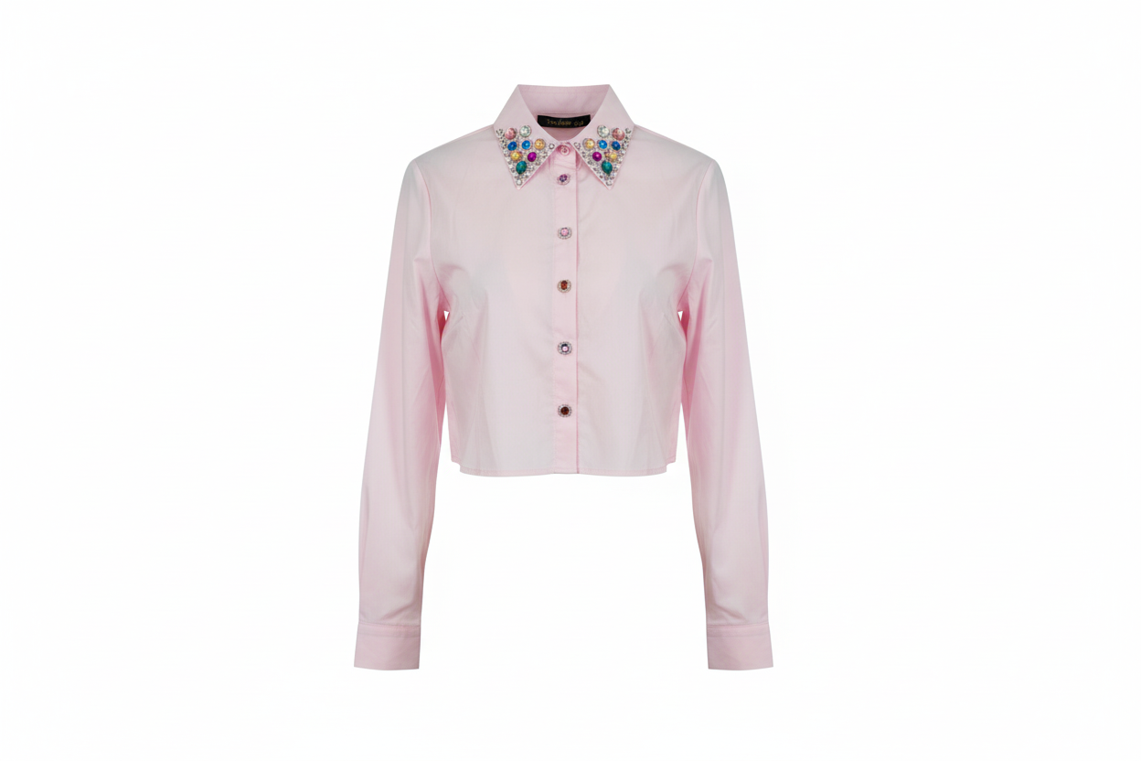 Camisa Crop con Cuello de Pedrería Multicolor