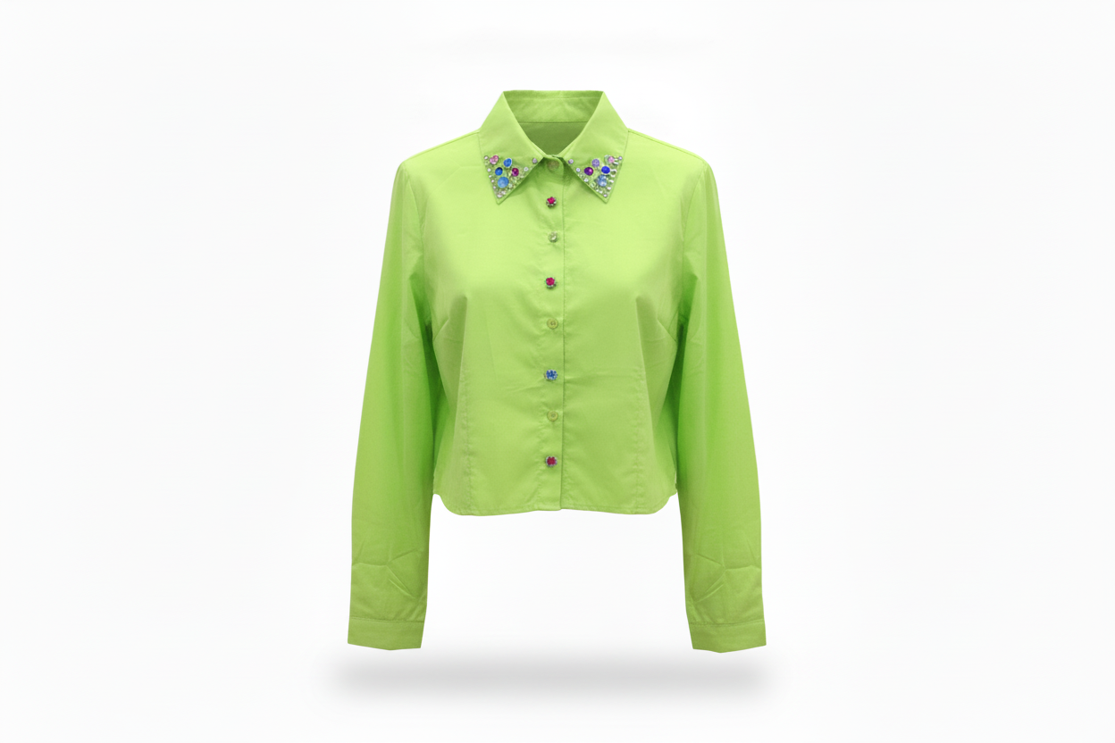 Camisa Crop con Cuello de Pedrería Multicolor