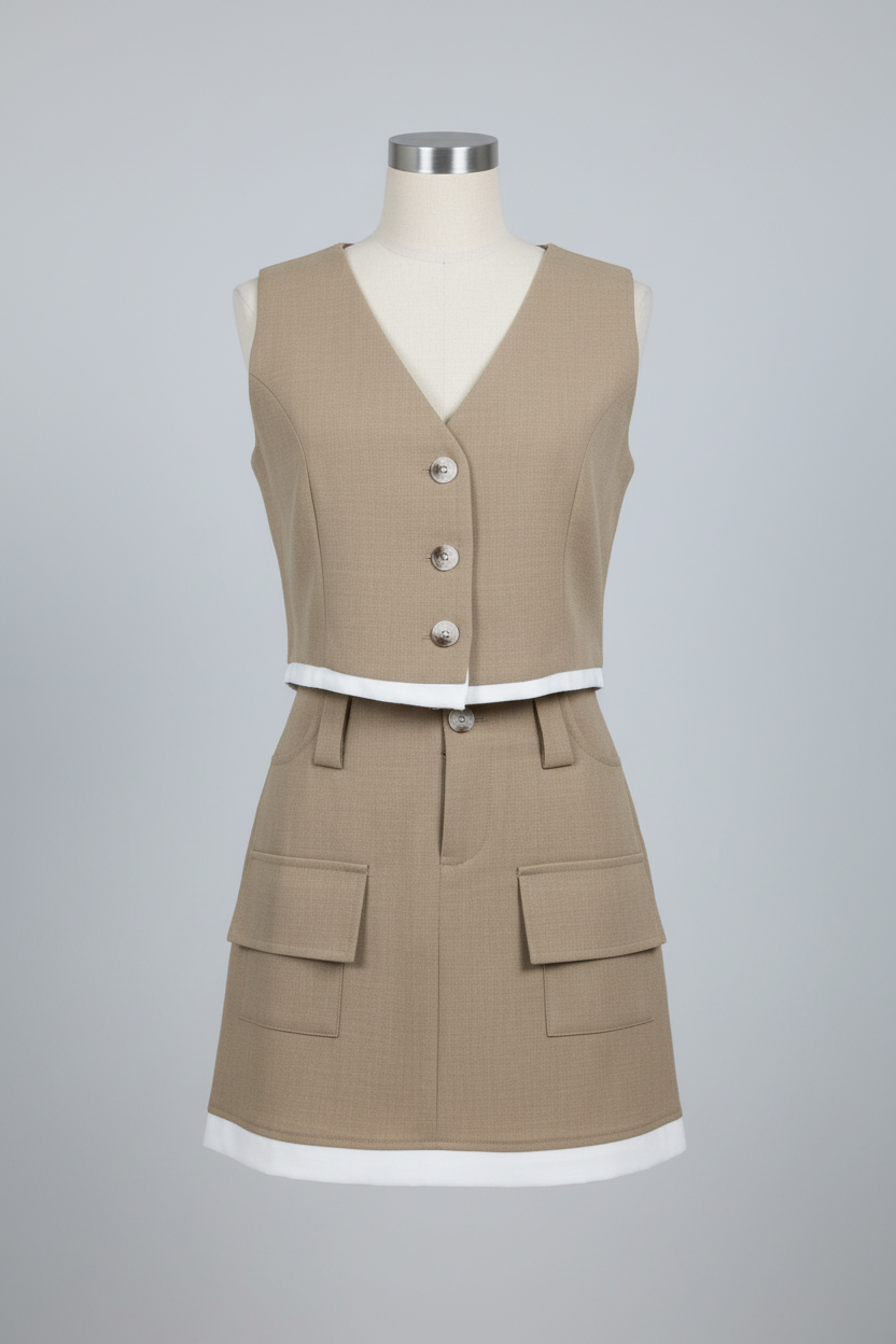 Conjunto de Chaleco y Falda con Detalles Contrastantes