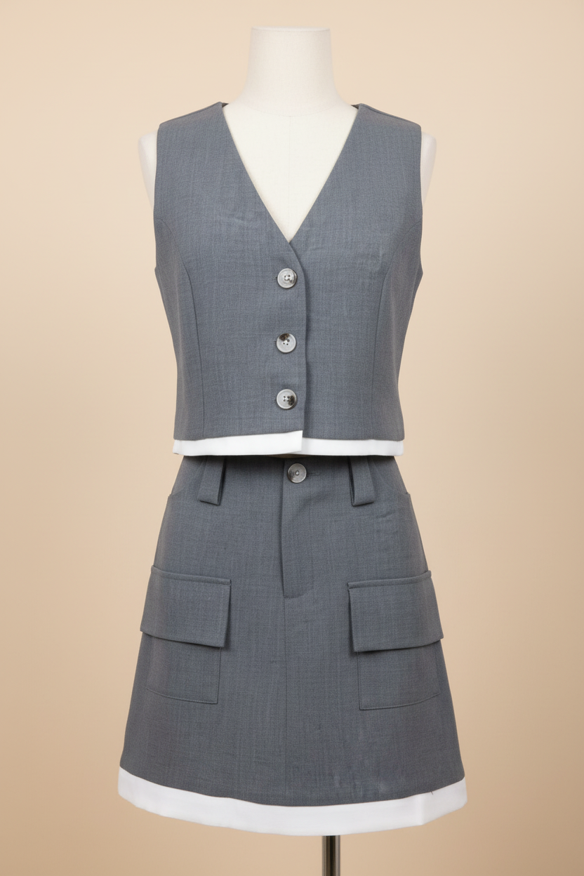 Conjunto de Chaleco y Falda con Detalles Contrastantes