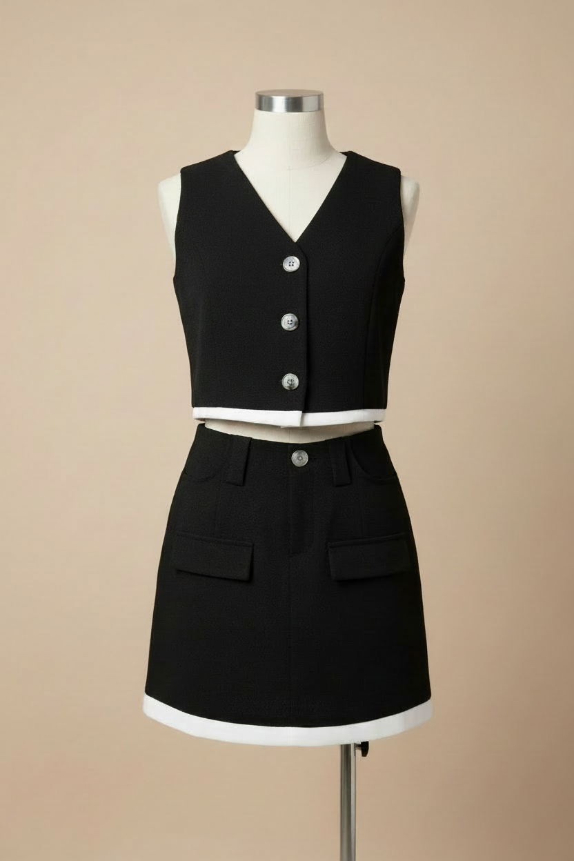 Conjunto de Chaleco y Falda con Detalles Contrastantes