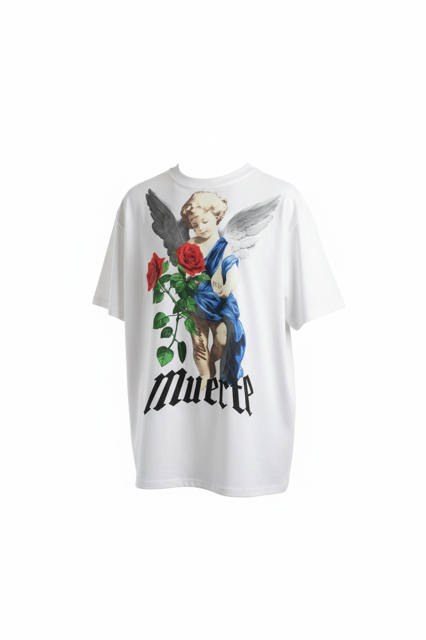 Playera Muerte - vista trasera con ángel y rosas