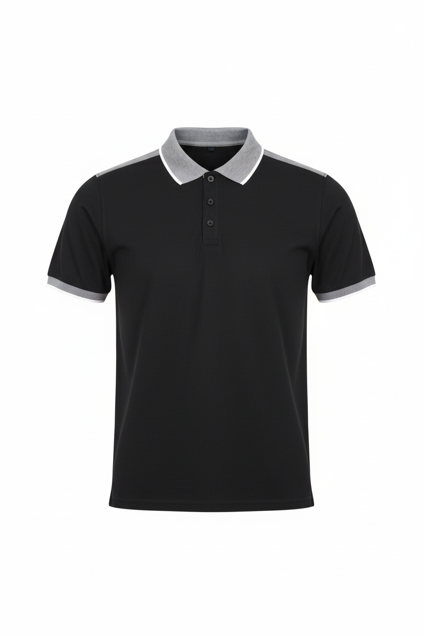 Polo bicolor negro con detalles grises vista frontal