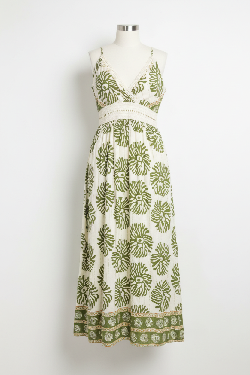Vestido maxi boho estampado verde - vista frontal