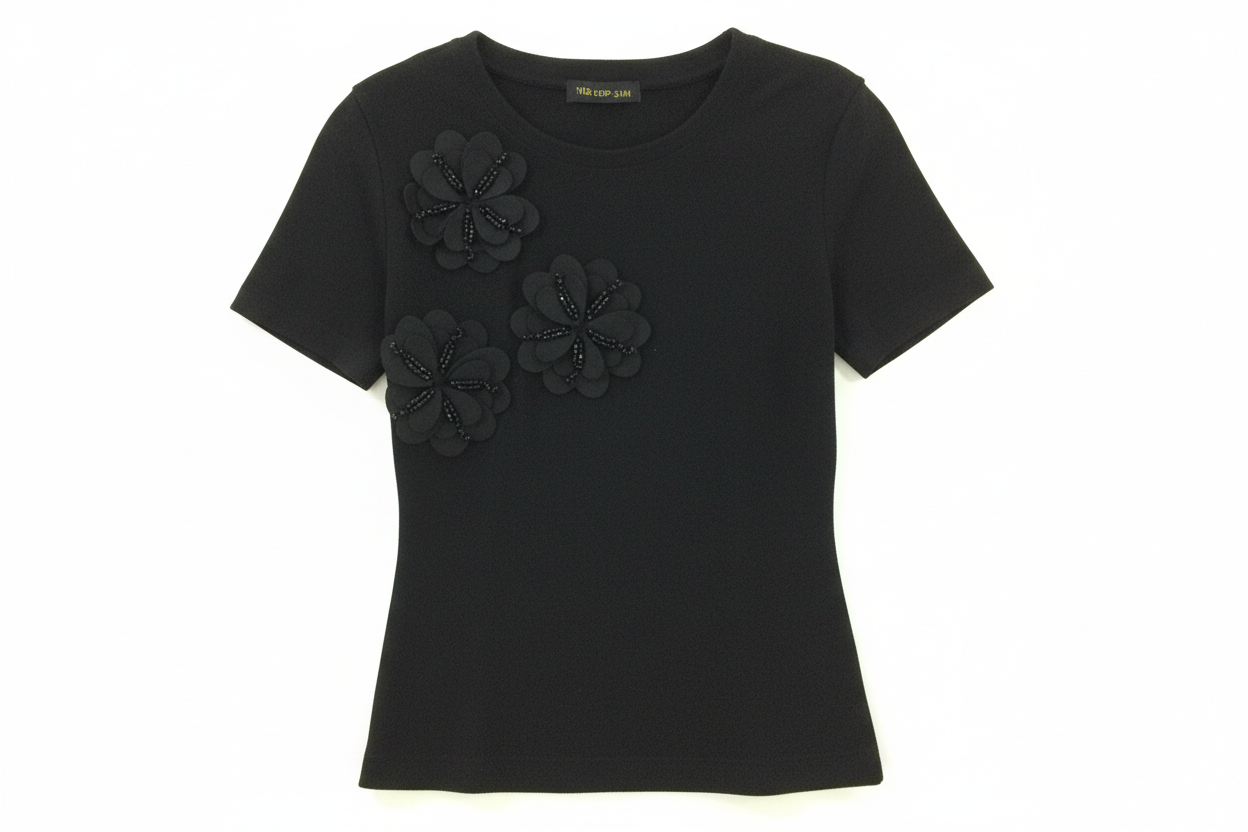 Blusa negra con pedrería - vista frontal profesional