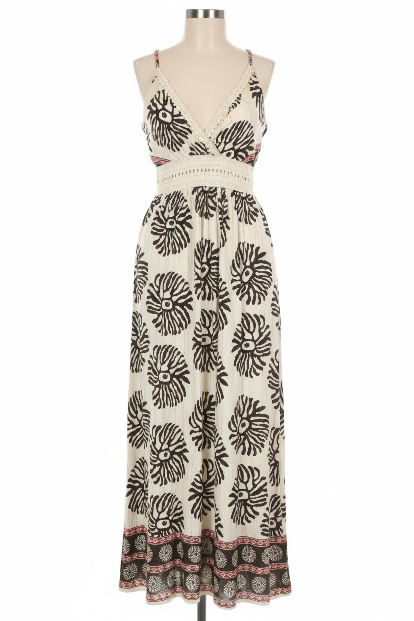 Vestido maxi boho estampado café/negro - vista frontal