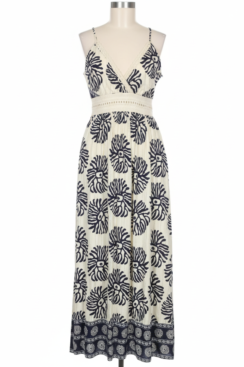 Vestido maxi boho estampado azul marino - vista frontal