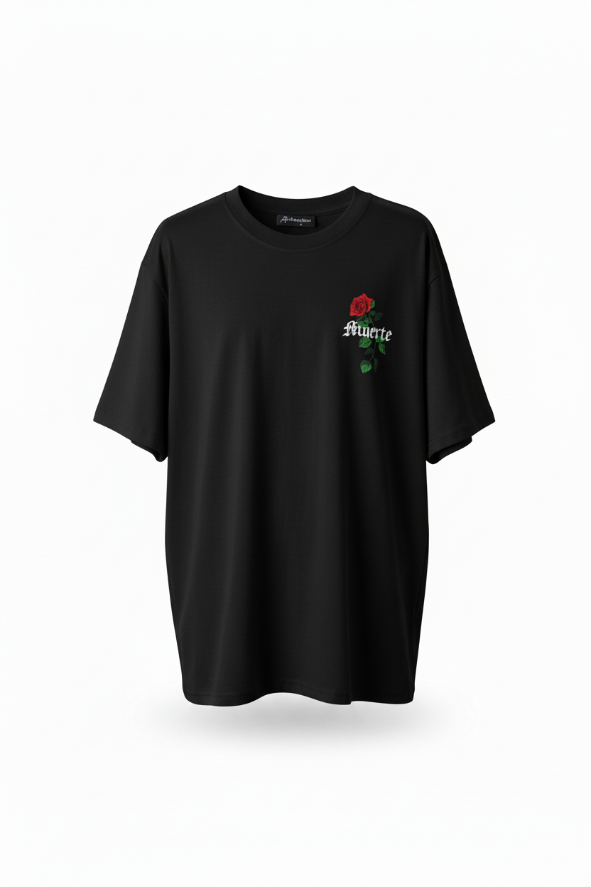 Playera negra Muerte - vista frontal con rosa