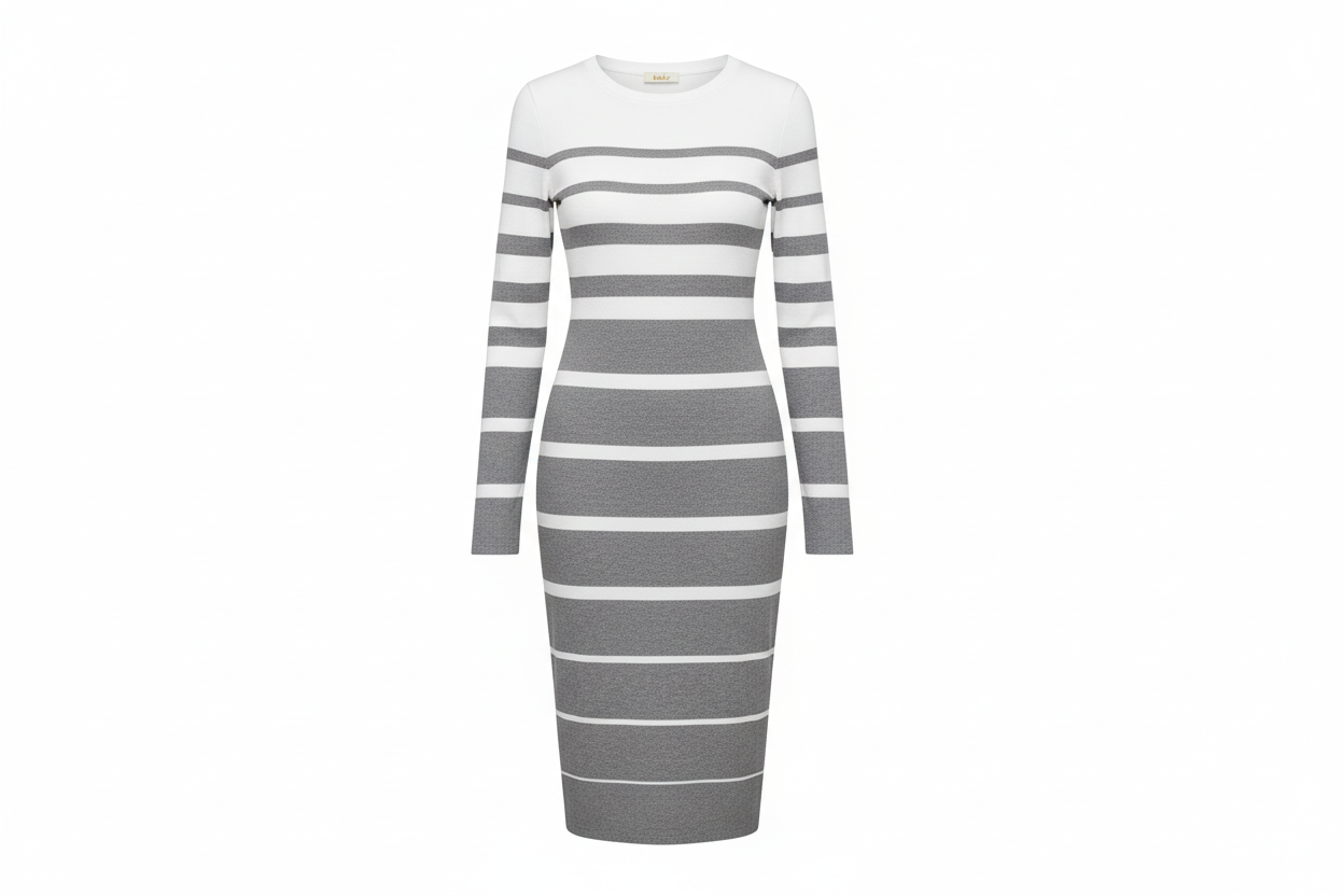 Vestido Midi de Rayas Horizontales con Manga Larga