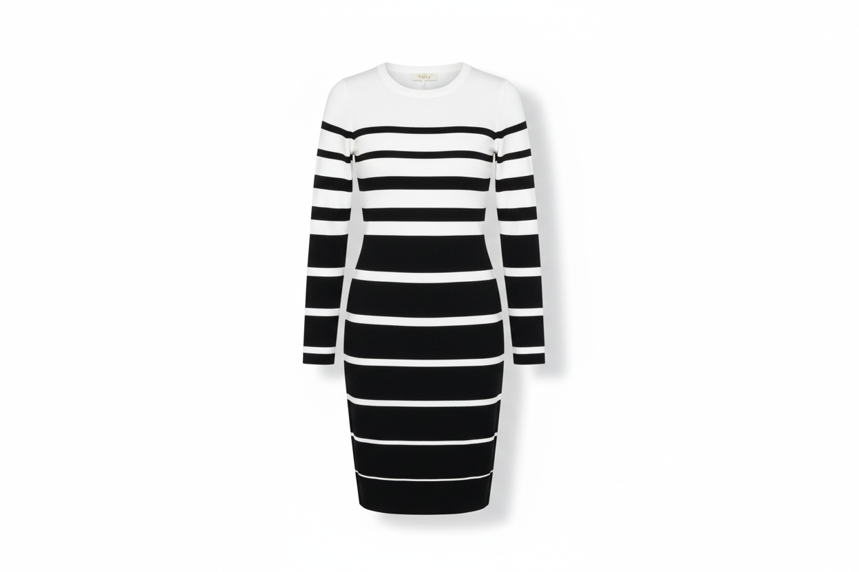 Vestido Midi de Rayas Horizontales con Manga Larga