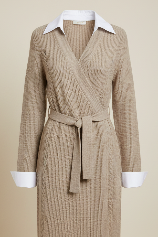 Vestido tejido taupe con cuello y puños blancos mejorado